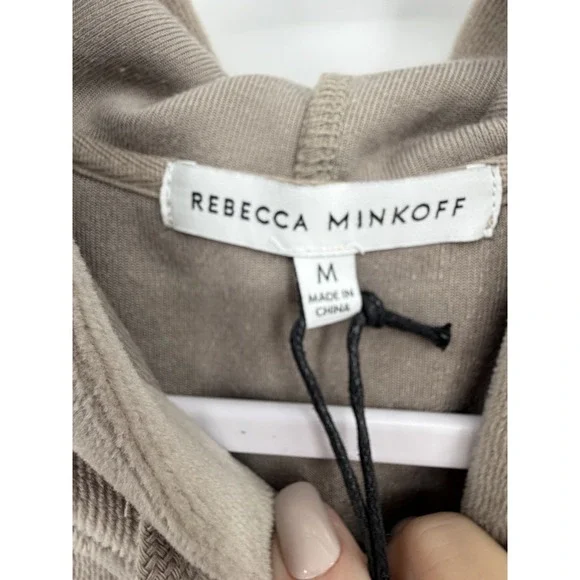 Rebecca Minkoff Size Medium Janine Velour Hoodie Pearl Gray Puff Sleeves New - Picture 7 of 13